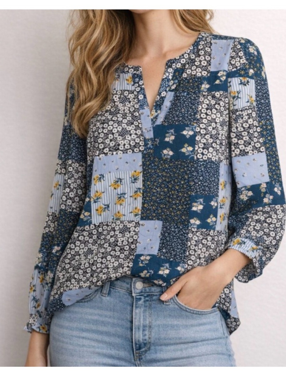 LOFT Small Patchwork Mix Print Floral Blue Boho Top